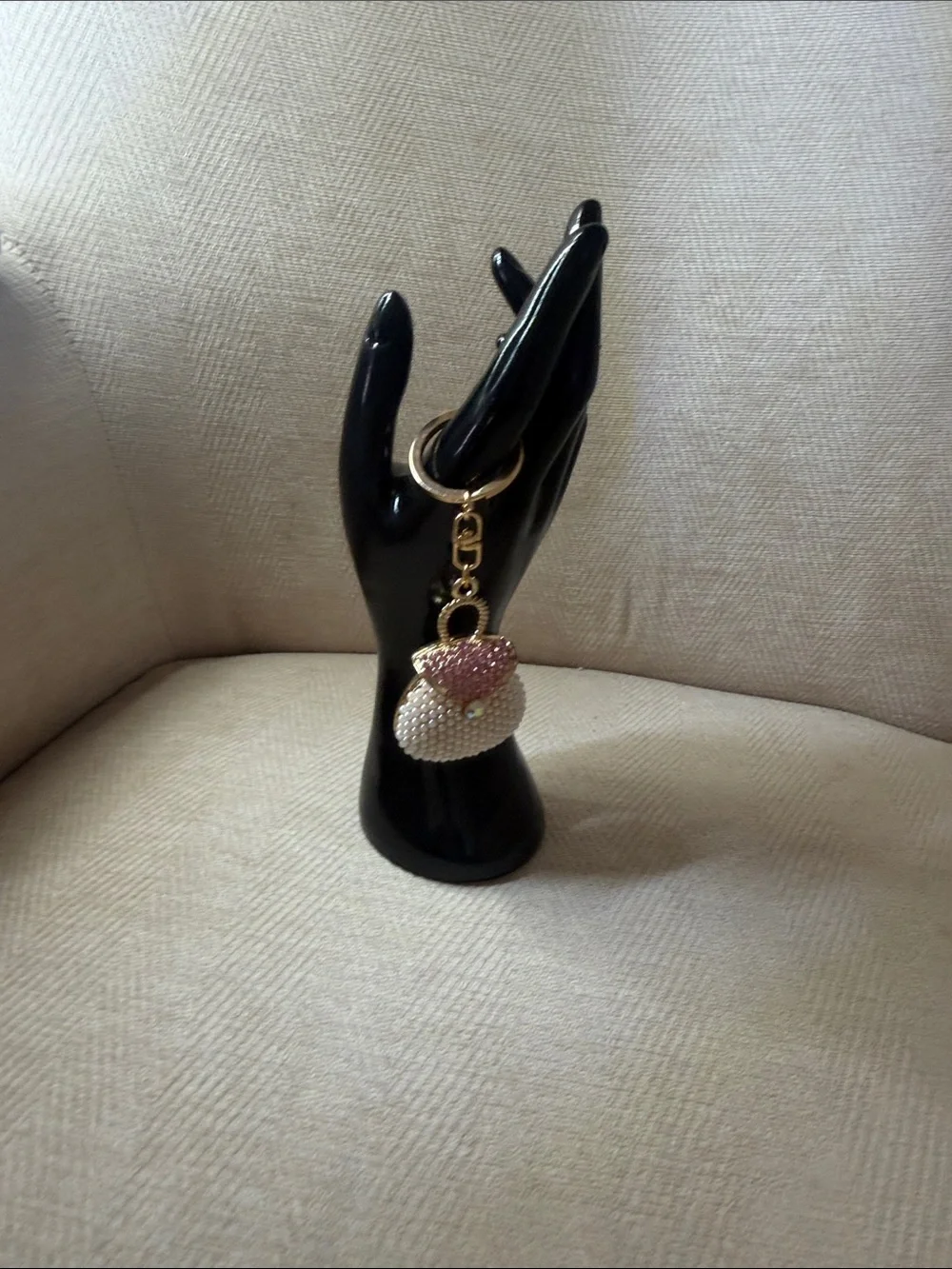 Gold Keychain Purse Charm with Pink Rhinestones and Pearls